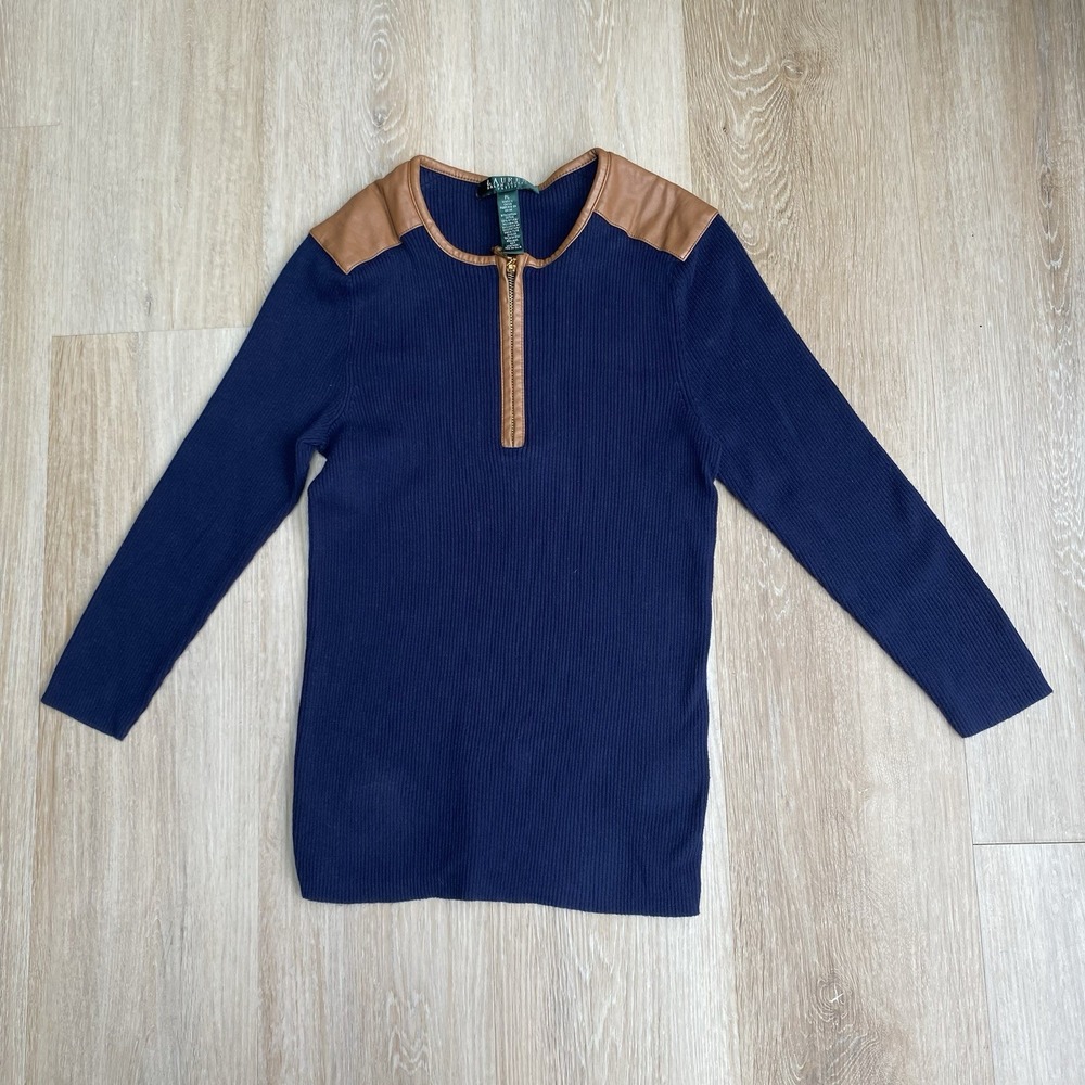 Lauren Ralph Lauren Womens PL Blue Ribbed Zip Sweater Faux Leather Trim Patches